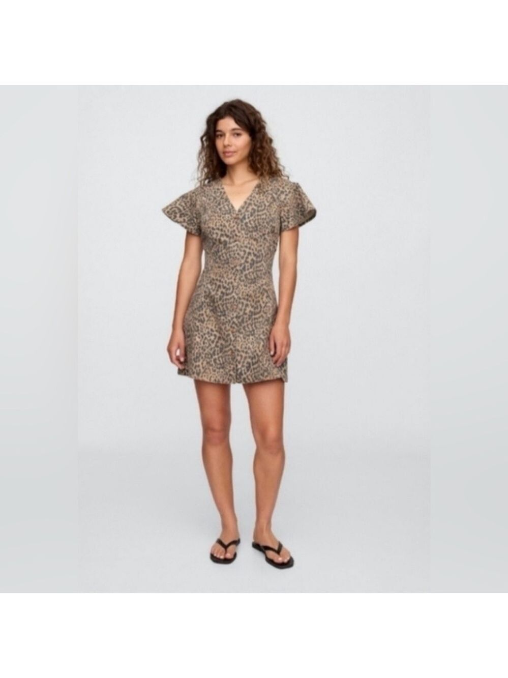 Gap Leopard Print Flutter Sleeves BoHo Button-Front Denim Mini Dress NWOT L